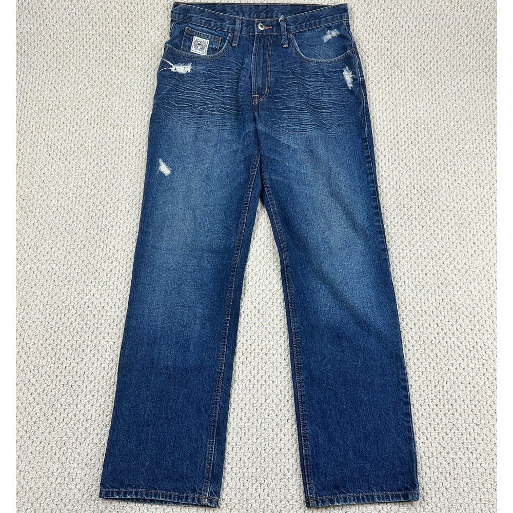 Cinch Jeans Mens 33x34 Dark Blue Relaxed Fit Straight Leg Whiskered Distressed